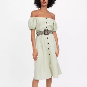 ZARA Linen Blend Midi Dress with Puff Sleeves Cottage core XS